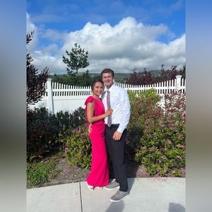 Hot Pink One shoulder with bow floor length dress - side slit detail